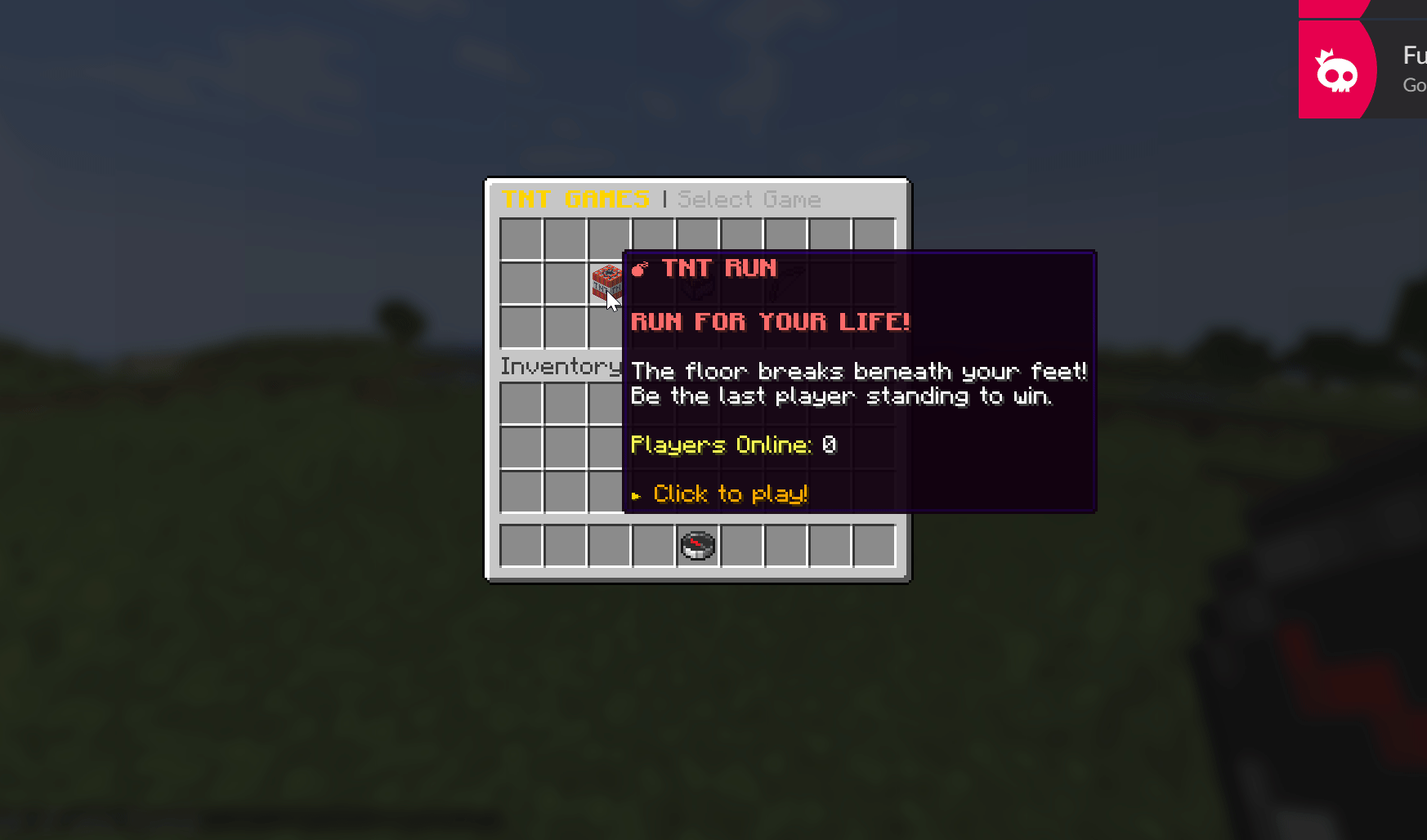 The selector menu showing TNT Run, TNT Tag, and Bow Spleef, with click-to-join